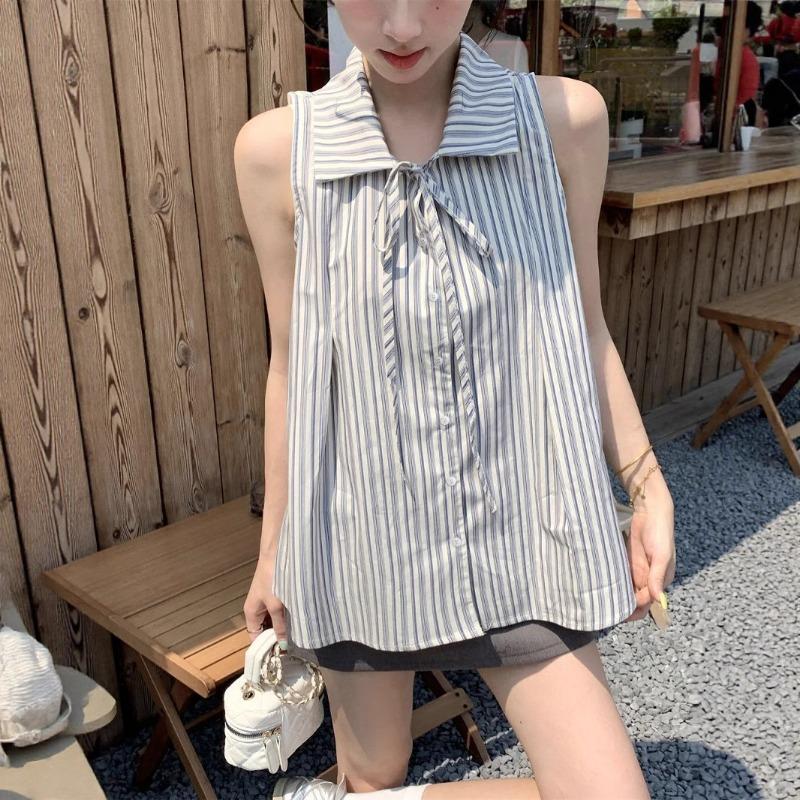 Women Striped Collared Sleeveless Button Down Tie Neck Casual Blouse Shirt S синий