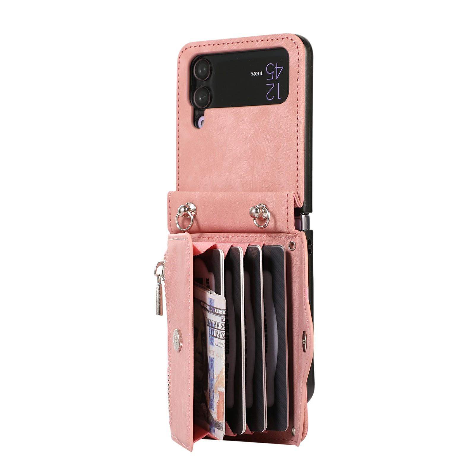 

For Samsung Galaxy Z Flip4 5G Case PU Leather+TPU RFID Blocking Card Slots Phone Cover with 2 Straps Rose Gold