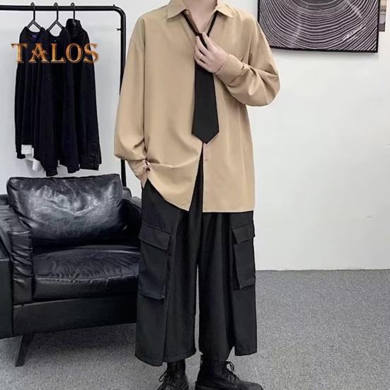 Men Spring Fall Shirt Turn-down Collar Loose Fit Retro Japanese Style Single-breasted Long Sleeves Pure Color Mid Length Young Formal Business Event