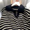 Women V-Neck Stripe Contrast Sweater Autumn Winter Soft Polo Neck Short Pullover Bat Sleeve Sweater