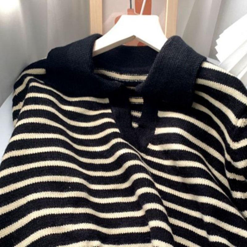 Women V-Neck Stripe Contrast Sweater Autumn Winter Soft Polo Neck Short Pullover Bat Sleeve Sweater