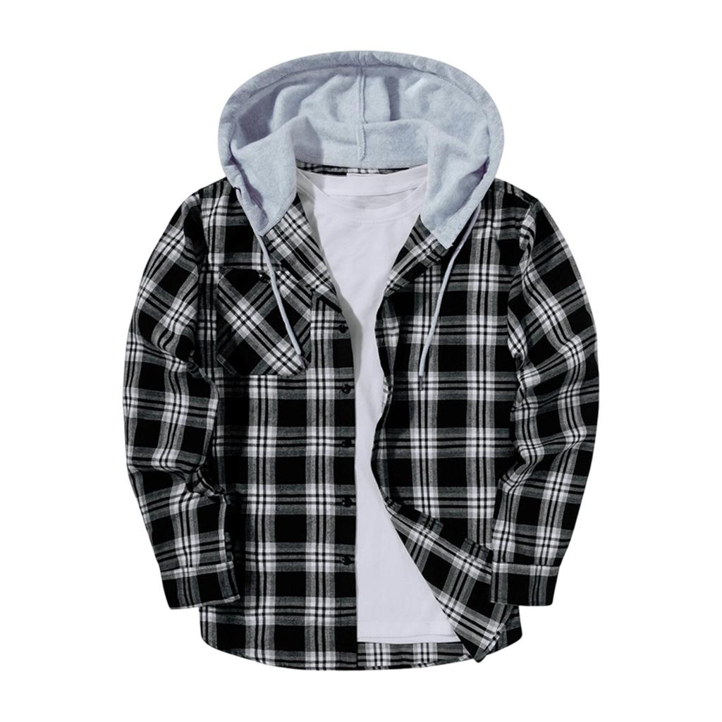 Men's Flannel Plaid Button-Up Hooded Shirt Jacket for Casual Wear