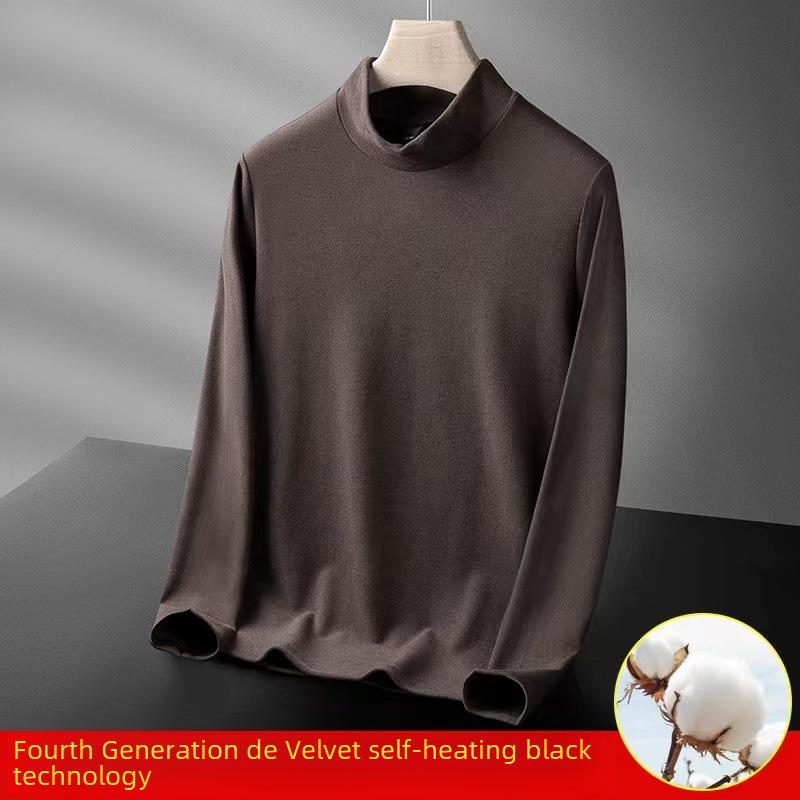 Men's German Velvet Half Turtleneck Long Sleeve Shirt - Solid Color, Thick Double-Sided Velvet, Warm Inner Wear for Autumn/Winter