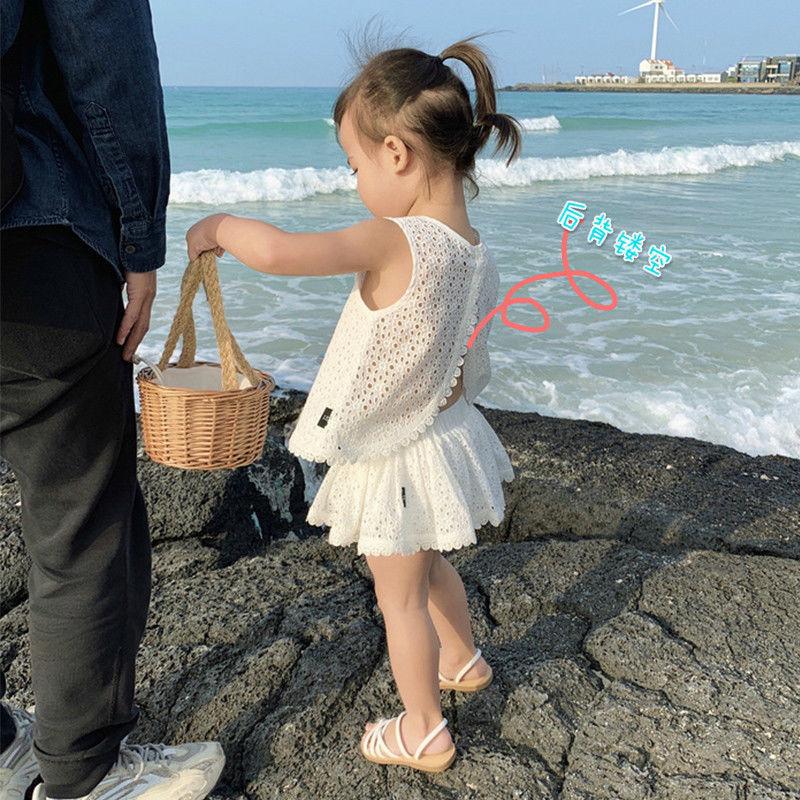 Flickkläder Baby Söt Ihålig Bomullsset Sommar Stilfull Ärmlös Väst Tvådelat Set