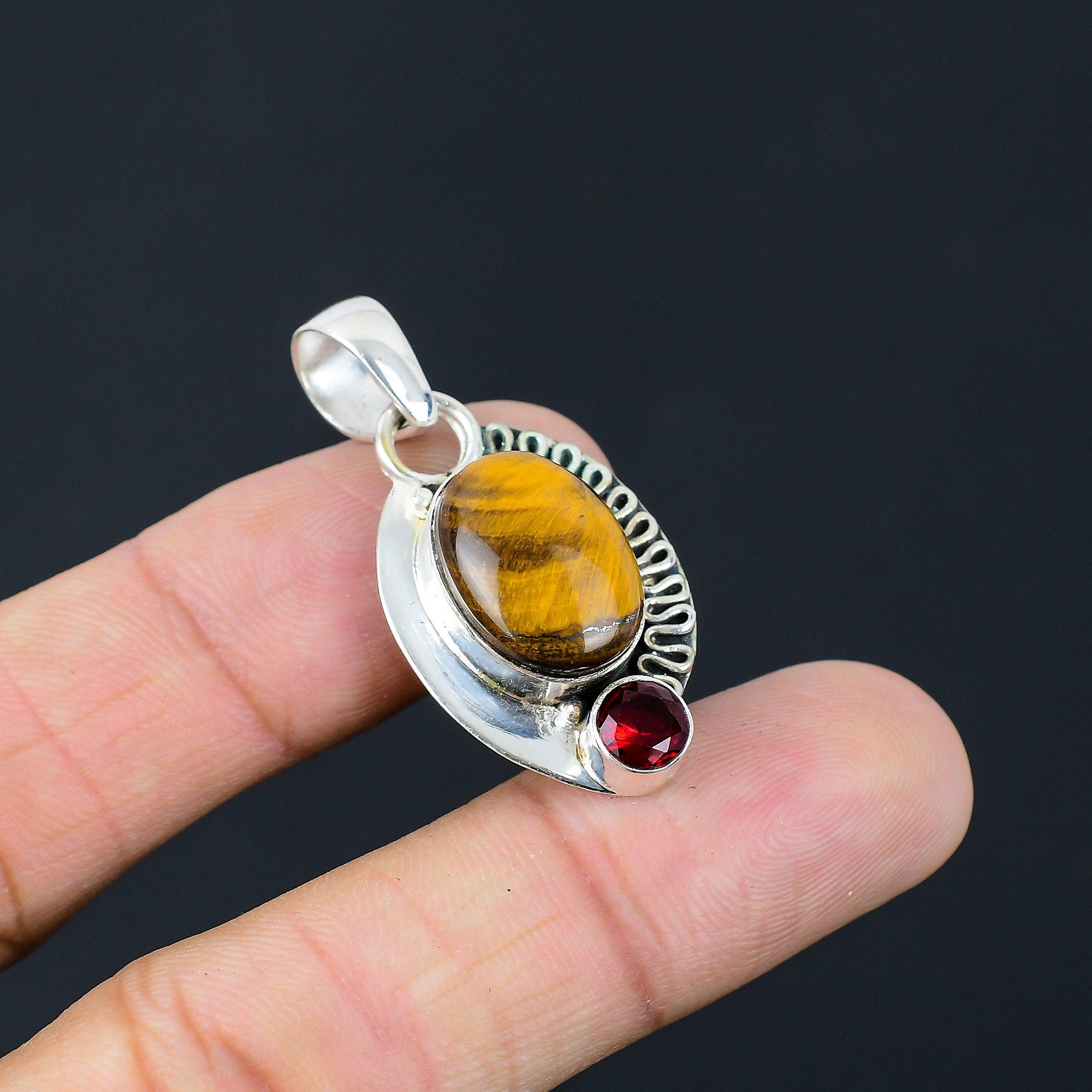 Daughters Day Deal 925 Silver Oval Tiger Eye Gemstone Mozambique Garnet Pendant