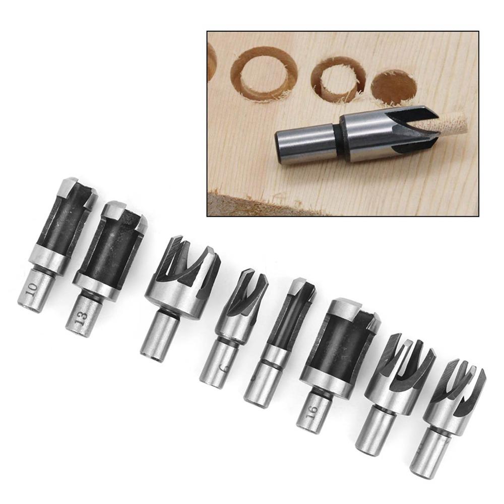 8Pcs High-Carbon Steel Wood Plug Cutter Set Straight and Tapered 6mm 10mm 13mm 16mm Chamfer Drill Bits Metric