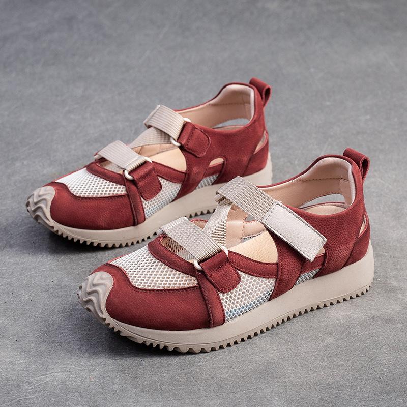 

лето новая расцветка спортивный стиль повседневная одинарная обувь липучка дышащая сетка кожа женская обувь 40 красный