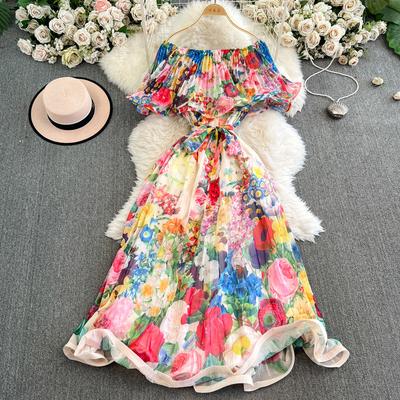 Vestido Estampado com Babados Um Vestido Elegante de Um Ombro com Cintura Marcada para Mulheres da Primavera