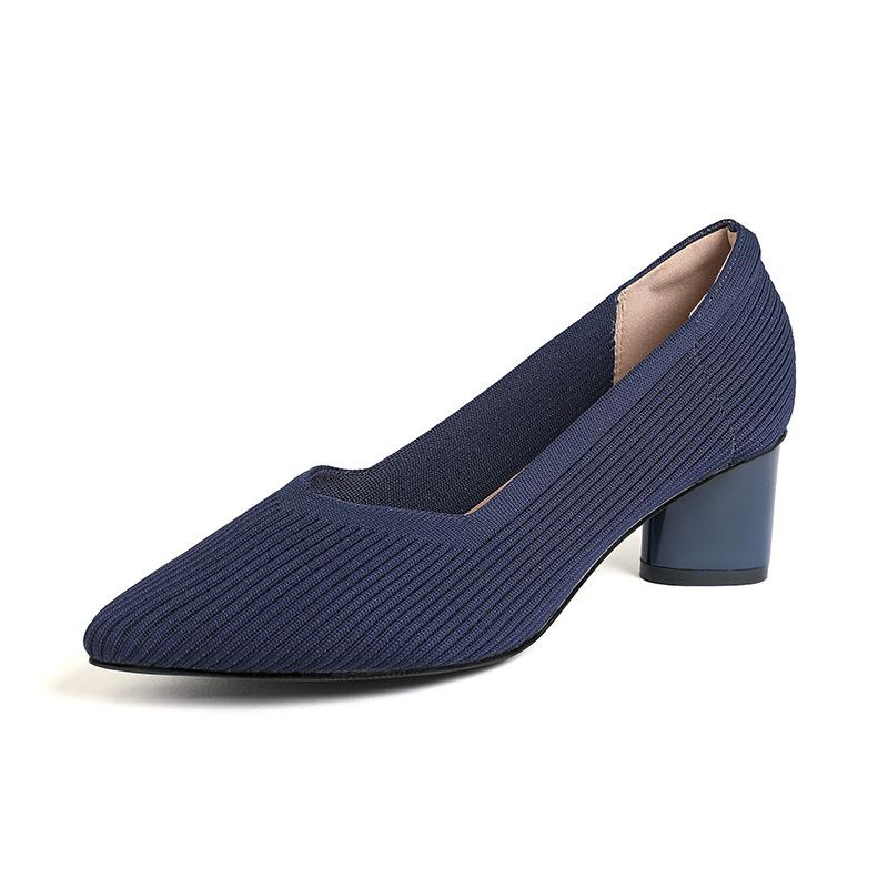 Fashion 2025 Pointed Toe Middle Heel Breathable Comfortable Knitted Shoes Women Shallow Mouth Chunky Heel Fashion Zapatos De Mujer Pumps