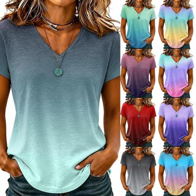 Women V Neck Gradient Print Short Sleeve Casual Loose Fit Top Comfortable Lightweight Fashion T Shirt for Daily Wear