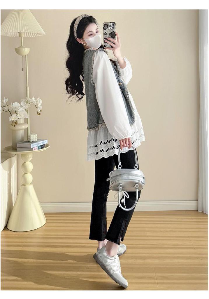Spring 2026 Tassel Denim Vest & Korean Lace Patchwork Shirt Two-Piece Set