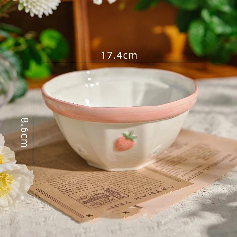 Cute Pink Strawberry Hand-painted Underglaze Ceramic Tableware Household Soup Bowl and Dish Set Dinner Plates