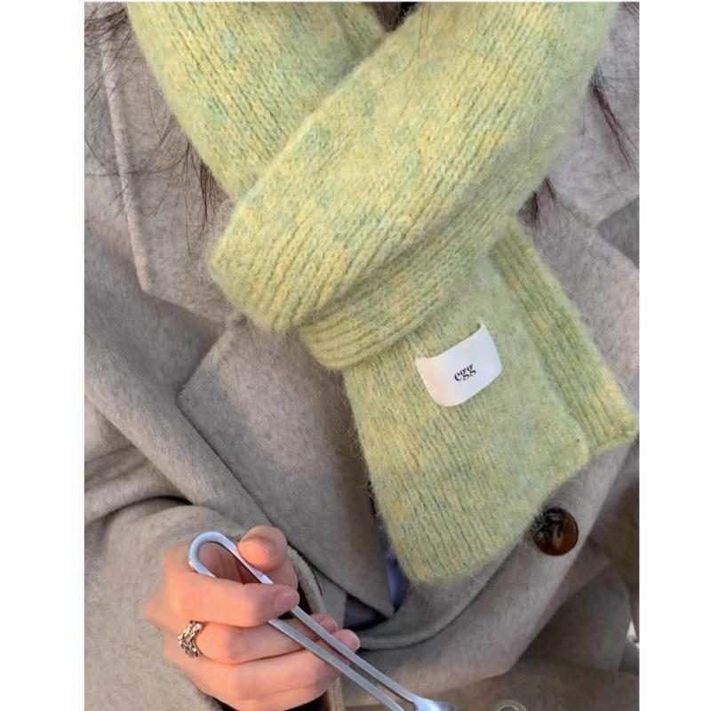 Korean Version Of The New Versatile Warm Solid Color Knitted Scarf With Wool Yellow-Green Cute Little Scarf Women