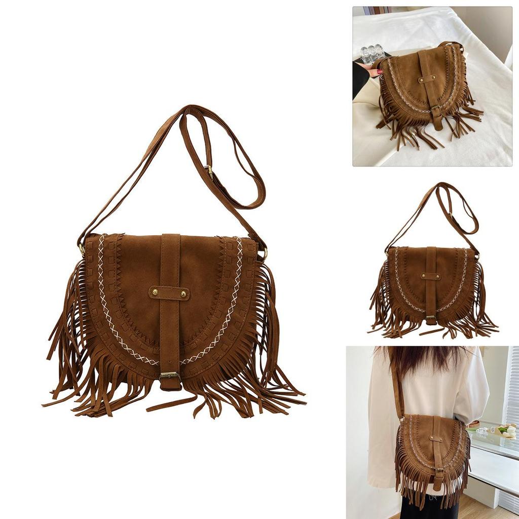 Pu Suede Fringed Saddle Bag With Zipper Closure For Daily Use And Bohemian Style