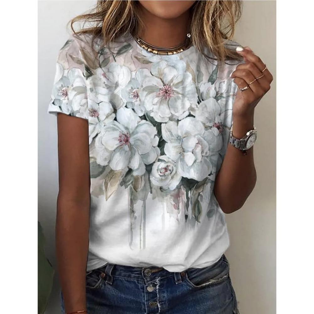 Colorful Flower Butterfly 3D Printed T-shirt for Women, Round Neck Short Sleeve T-shirt
