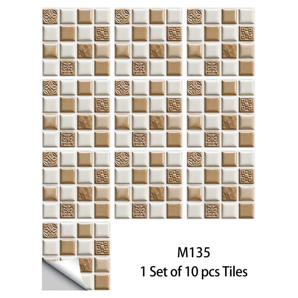 10Pcs Glossy Marble Mosaic Tile Stickers Waterproof Self-Adhesive Geometric Wall Floor Decals Kitchen Backsplash Home DIY Decoration