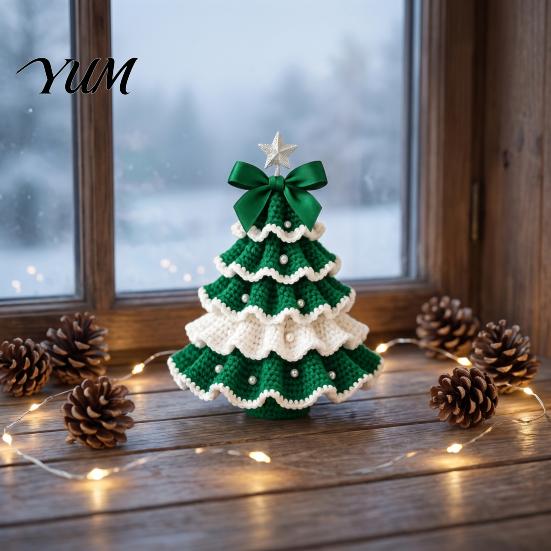 Crochet Christmas Tree Kit for Beginners DIY Kit, Beginner-Friendly Xmas Craft with Bow Plush Holiday Desktop Decoration And Faux Pearl Embellishment,