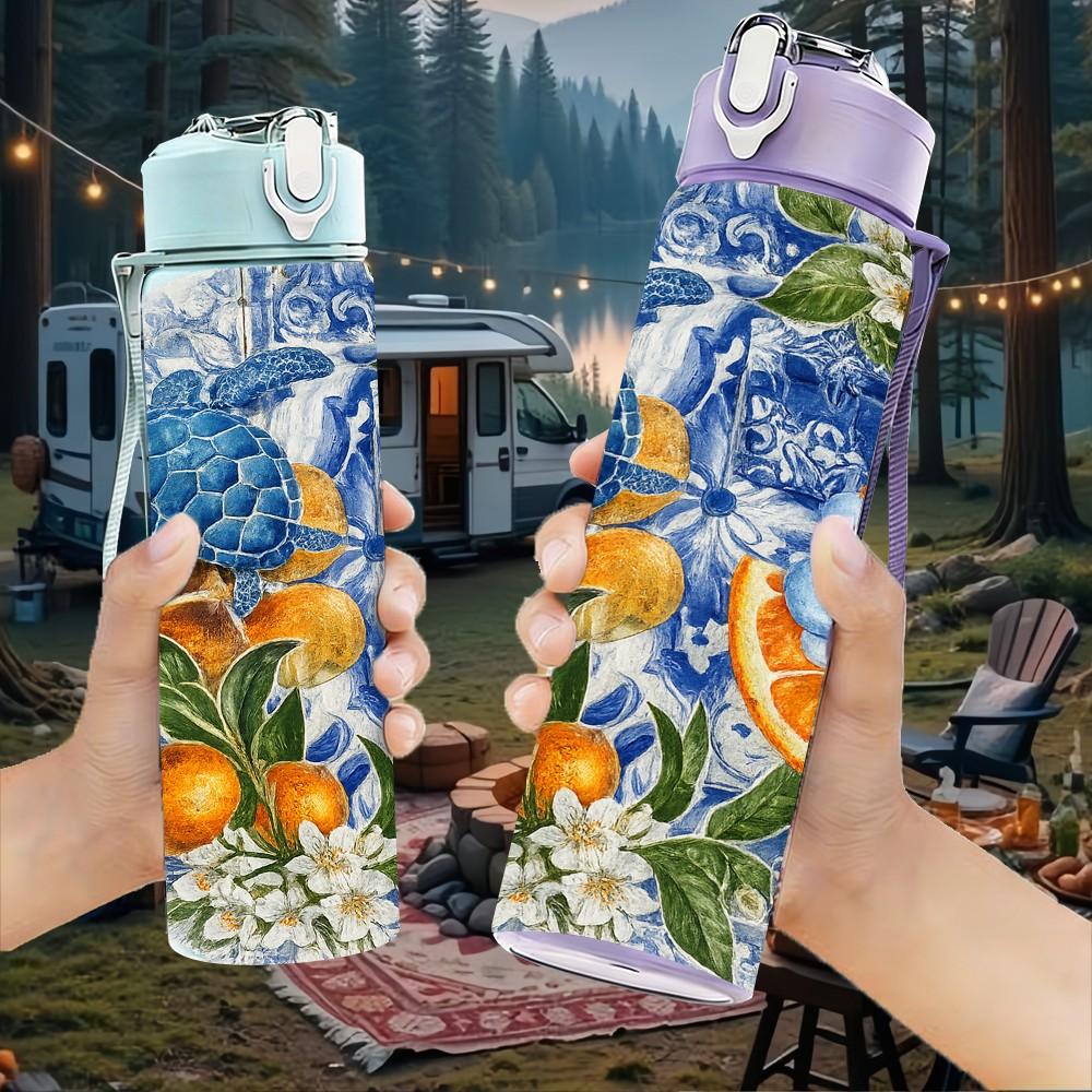 1PC Citrus Fruit Blue Floral Art Print 750ml Color Plastic Sports Water Bottle Leakproof Flip Straw Lid Suitable for Sports Office Home Use