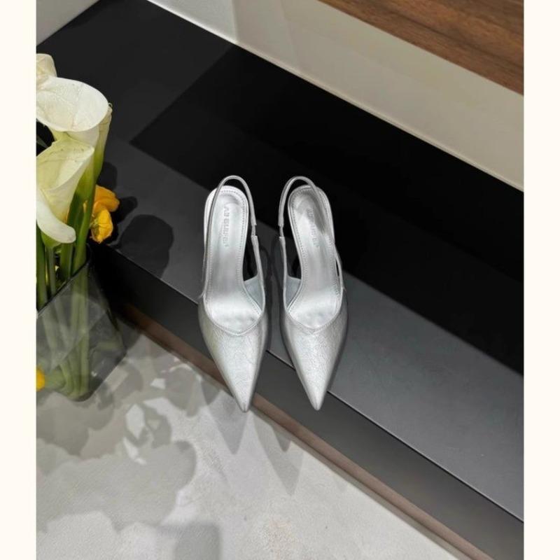 Fashion New Style Elegant High Heels Silver Pumps Women Summer Slingbacks Pointed Toe Party Shoes Woman Solid Thin Heeled Sandals Ladies