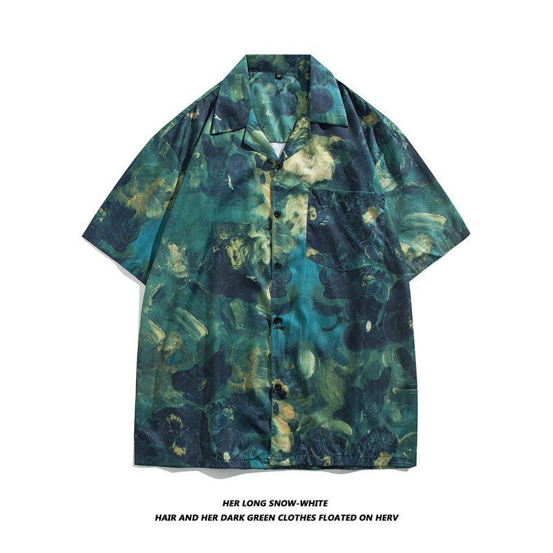 Straight Streetwear Fashion Casual Shirts Turn-down Collar Man Short Sleeve Button Printing Spring Summer Thin Men's Clothing