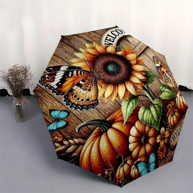 Autumn Welcome Sign with Sunflower, Butterfly, and Pumpkins Decorative Fall Door Hanger for Home Outdoor Garden Decoration Umbrella, Cute Umbrella wit