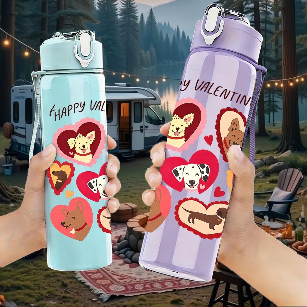 1PC Stacked Sweet Valentine Heart Candy Print 750ml Color Plastic Sports Water Bottle Leakproof Flip Straw Lid Suitable for Sports Office Home Use