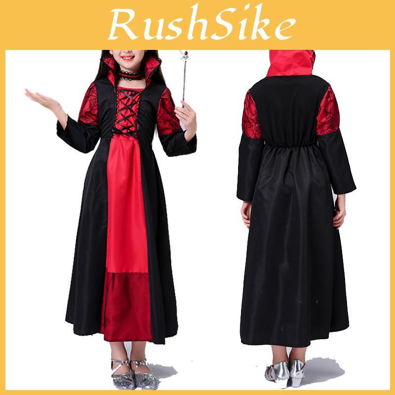 Enchanting Kids Girls Queen Costume Lace Up Witch Dress For Halloween Cosplay
