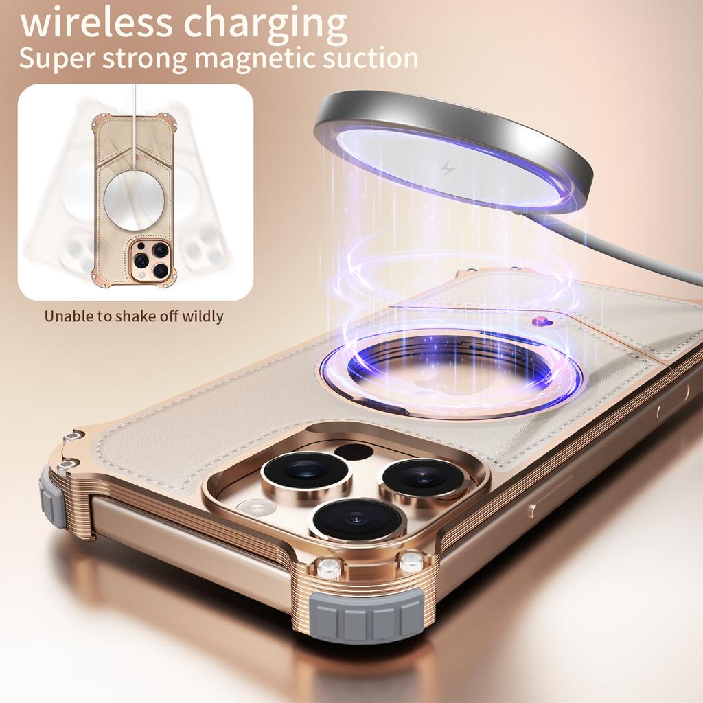For iPhone 16 Pro Max Case PU Covered Metal Boardless Phone Back Cover with Kickstand