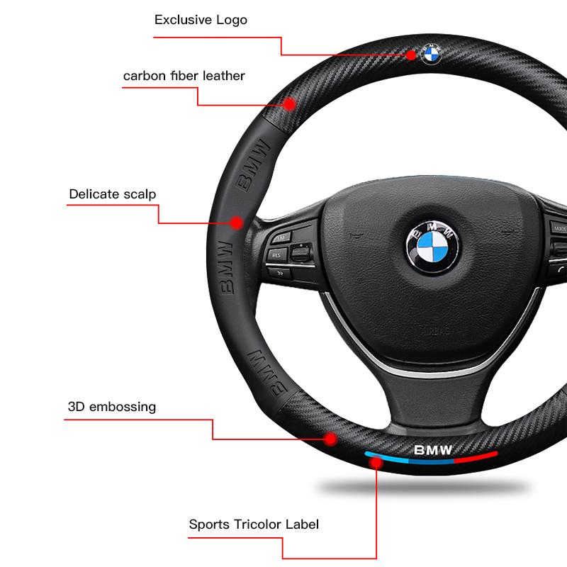 2026 Hot 38cm Carbon Fiber Leather Car Steering Wheel Cover For BMW F30 F10 E90 F20 E46 E60 E70 E39 X6 Auto Interior Accessories Keychain GK3