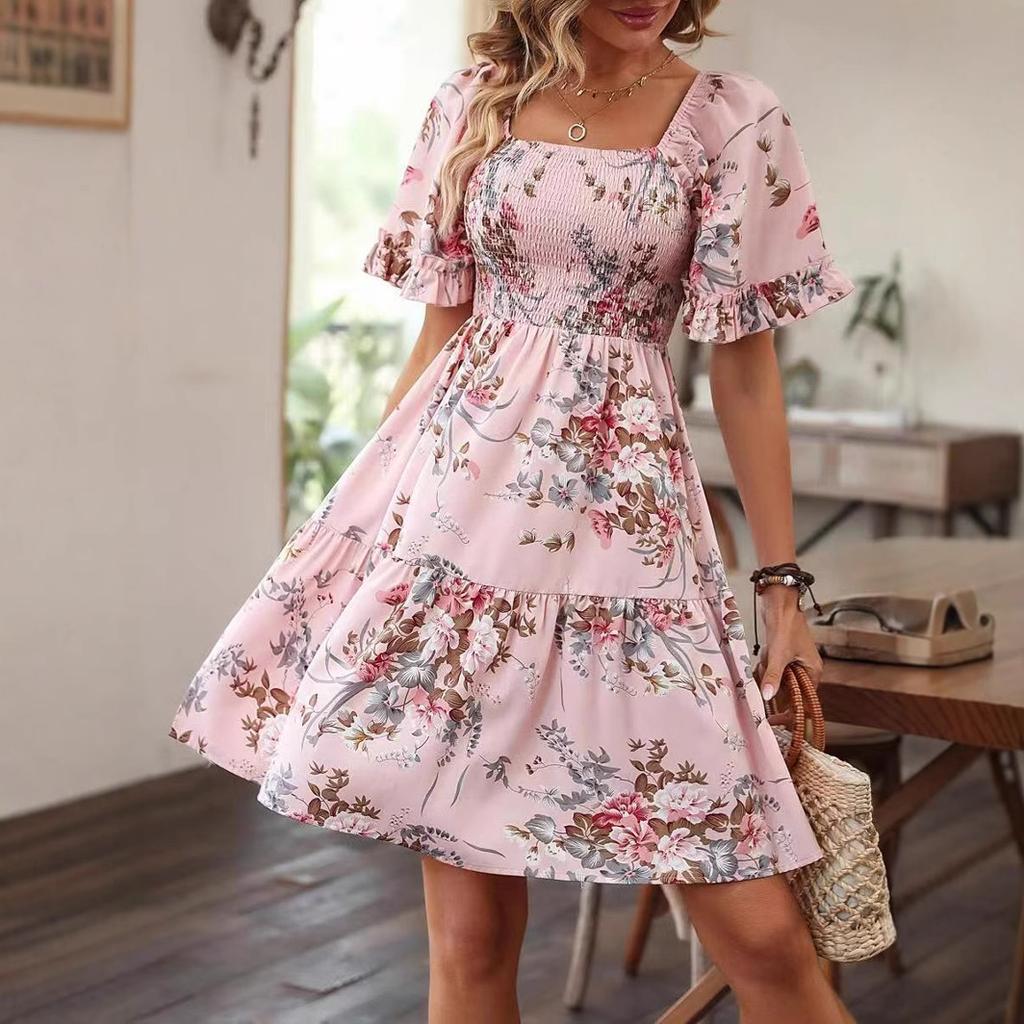 Women Summer Casual Short Sleeve Squera Collar Floral Printed Party One Piece Dress