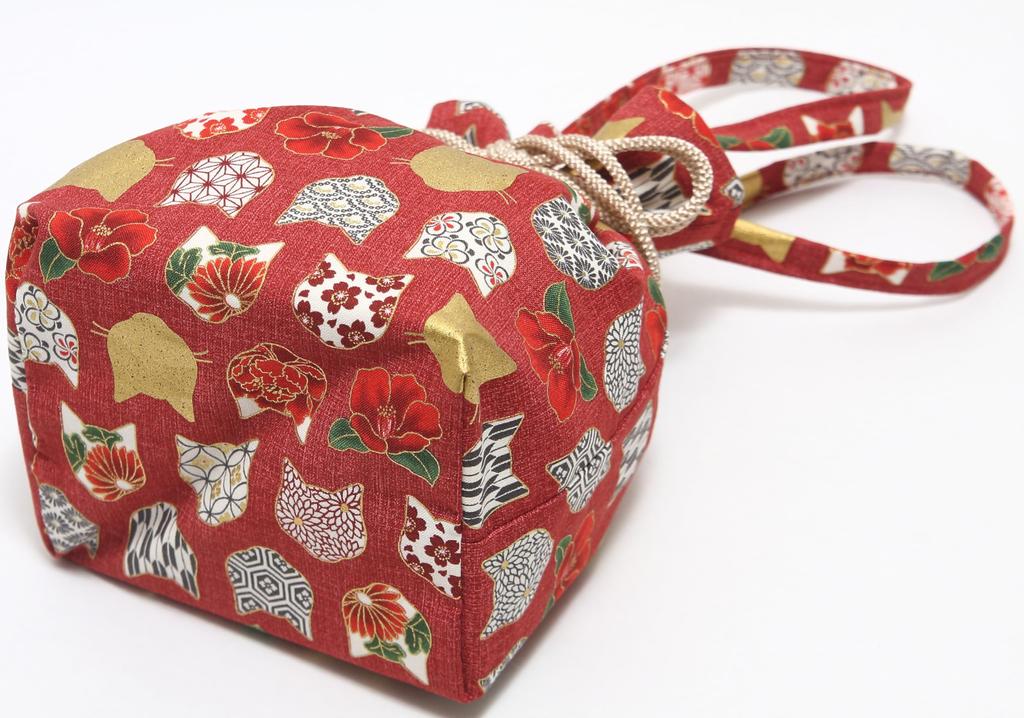 [Hasegawa] Cat Pattern Drawstring Bag with Handle, Made in Japan (Cat SilhouetteRed)
