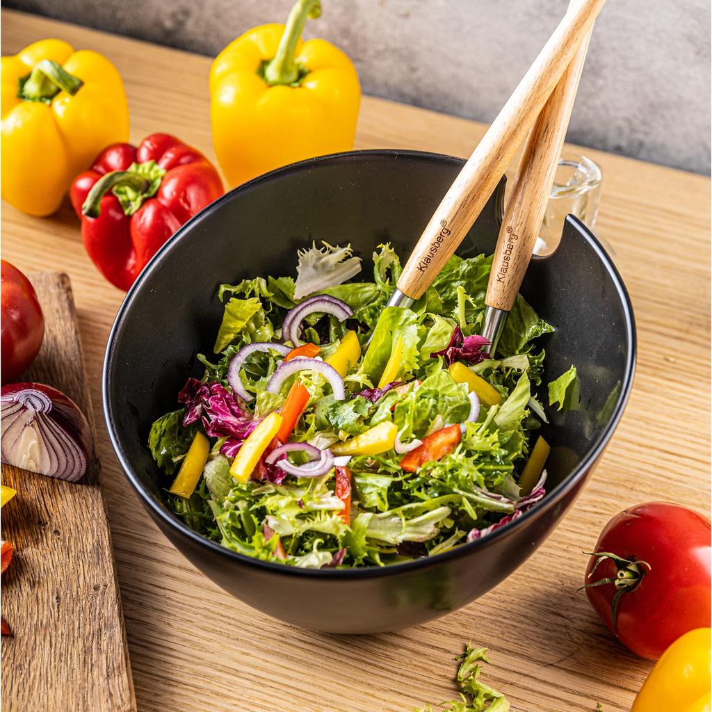 Porcelanowa misa czarna 23cm do sałatek z łyżkami KLAUSBERG KB-7786