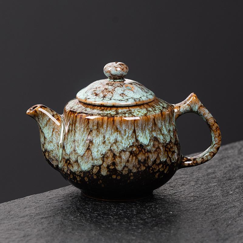 New Kiln Change Tenmoku Glaze Teapot Retro Tea Brewing Beauty Point Large Dragon Handle Teapot Jian Zhan Tea Brewer
