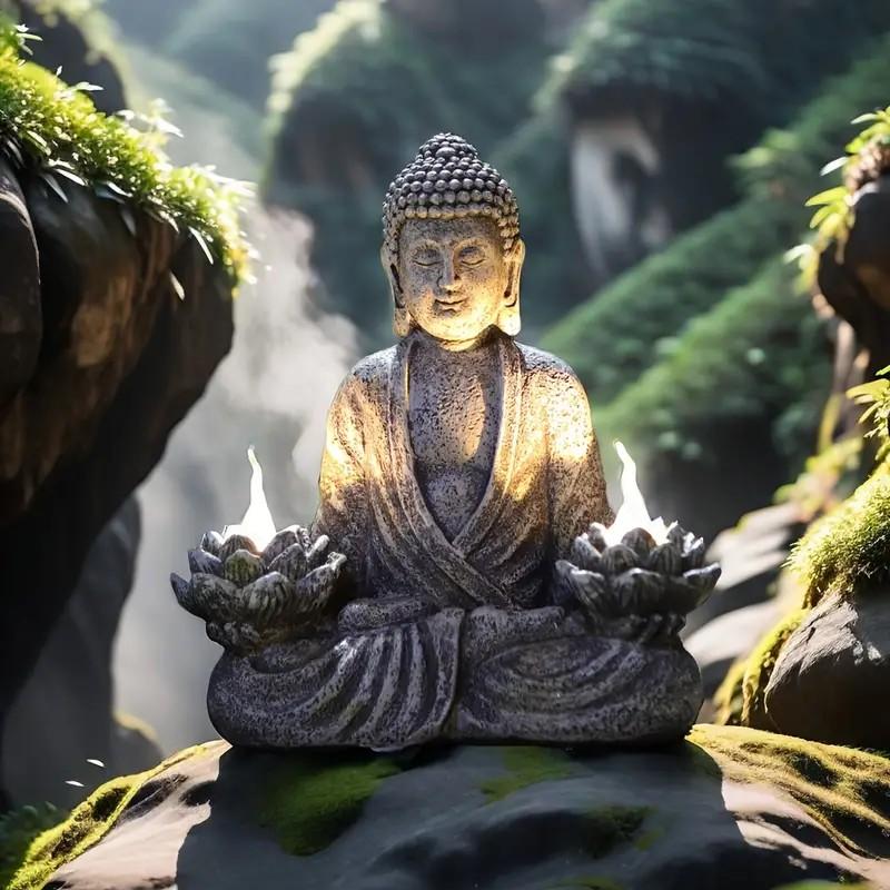1pc Lighthouse Buddha Statues with LED Lights, Solar-Power Buddha Sculpture Decor for Home Garden, Yard, Patio, Yoga.