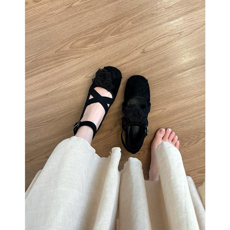 Sheepskin new Chinese retro leather flower ballet shoes women's inner height increase French shallow mouth single shoes women's Mary Jane shoes