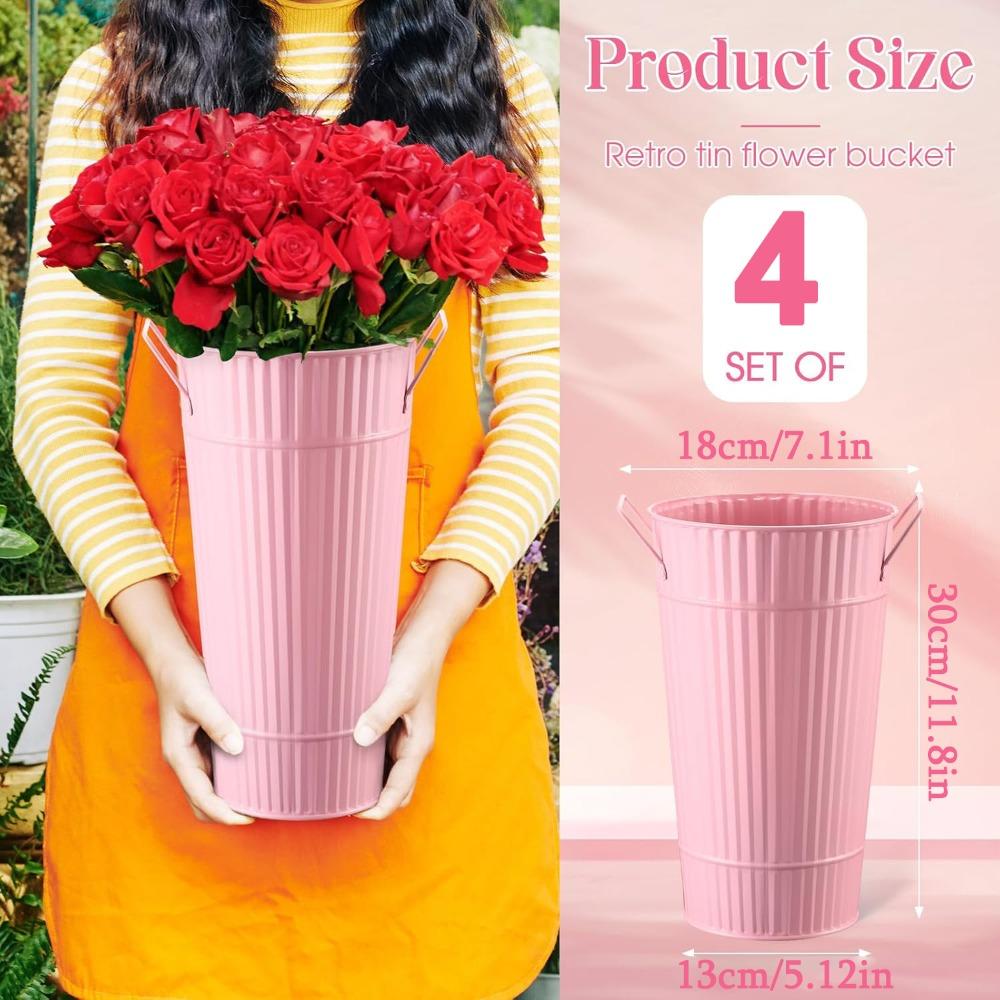 4pcs 11.8 Inches Pink Galvanized Flower Buckets Metal Flower Vases with Handle Farmhouse French Bucket Planter Floral Container 4pcs Pink