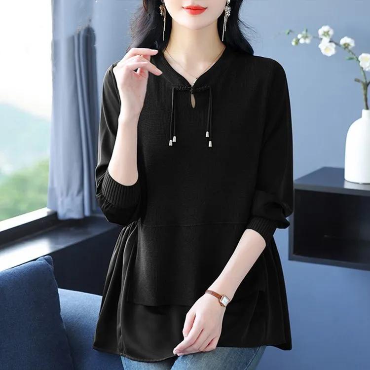 Women's Spring Autumn Patchwork Loose Plus Size Shirt Casual V-Neck Vintage Blouse