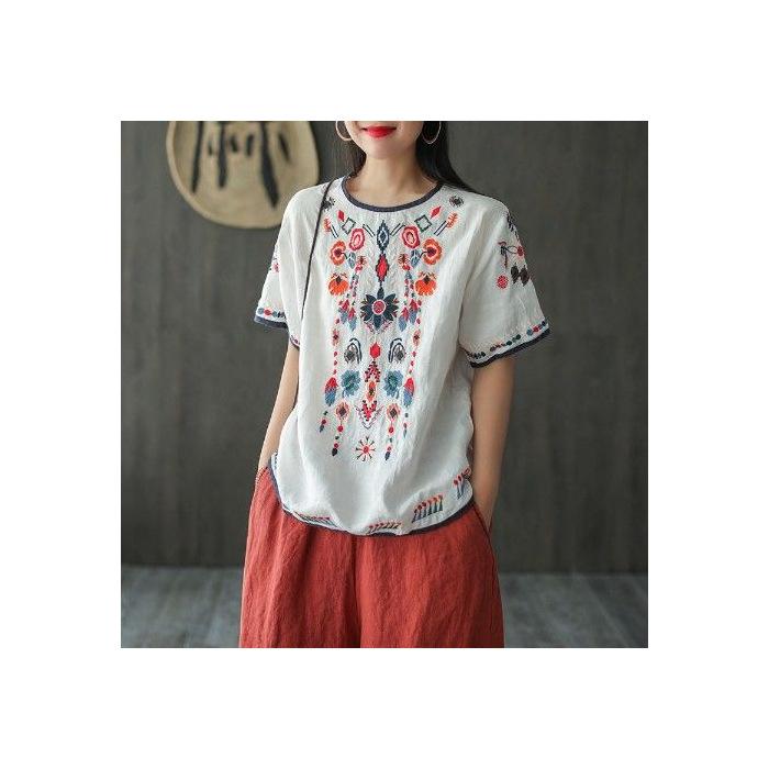 Retro Embroidered Cotton and Linen Chinese Style Large-size Women's Clothing, Summer Loose Literary Slim-fitting National Style Red Linen T-shirt Top