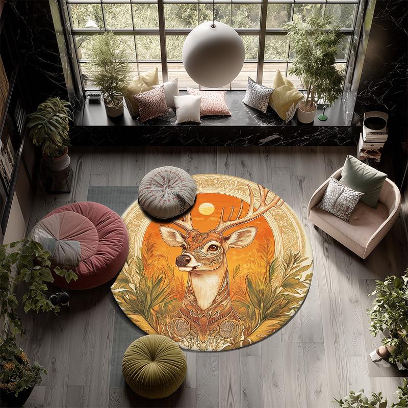 Vintage Sunset Deer Head,Round Area Rug,Carpet Rug for Living Room Bedroom Sofa Playroom Decor,Non-slip Floor Mat