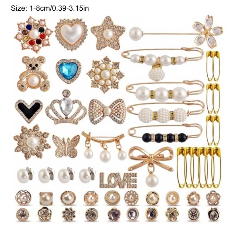 55Pcs Charm for Socks Sweater Shawl Clip Brooch Safe Pin Jewelry Charm Artificial Pearls Rhinestones Brooch Pin