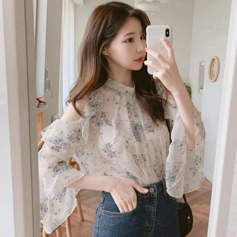 Women Floral Print Ruffle Trim Cold Shoulder Long Sleeve Chiffon Blouse S белый