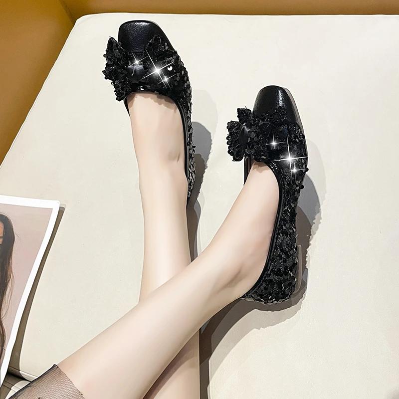Women's Fashion Mary Jane Shoes Fall New Square Head Light Cut Sequin Butterfly-knot Soft Soled Flats