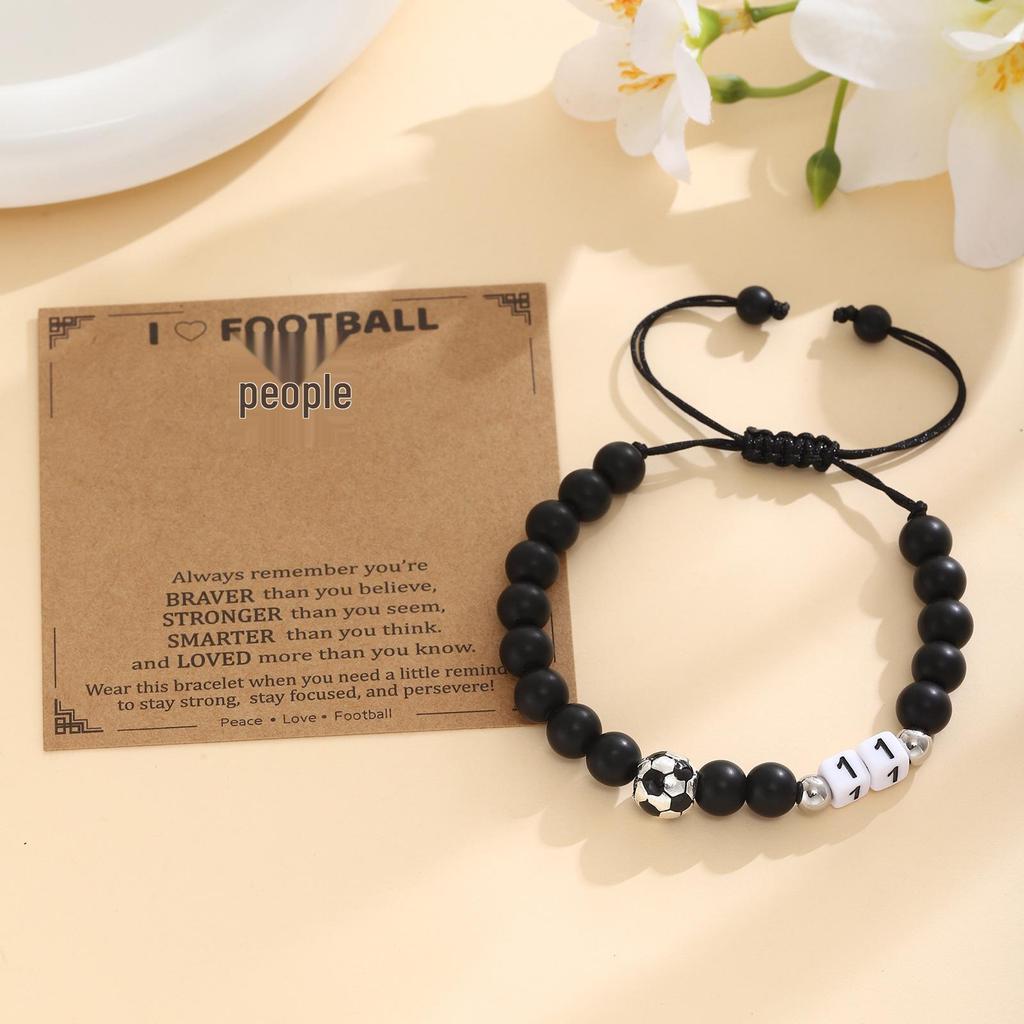 Men's Adjustable Black Matte Stone Beaded Bracelet - Football Number Birthday Gift