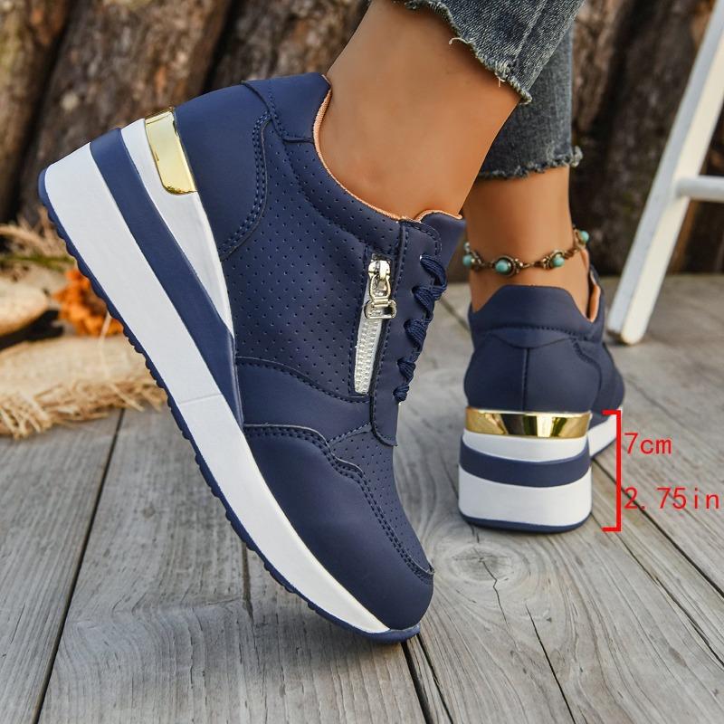 [Navy Blue Sneakers] Navy Blue and Golden Women's Casual Sneakers | Round Toe, Lace-Up, Rubber Sole, All-Season Comfort Shoes, Casual Footwear