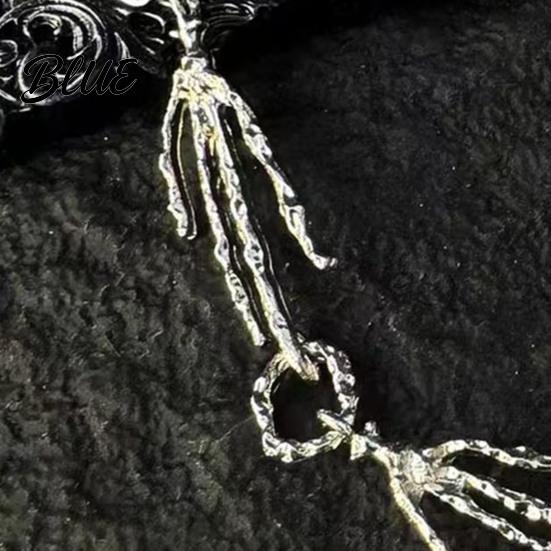 Chain Necklace Women Red Rhinestone Heart Pendant Skeleton Hand Shape