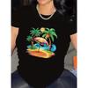 Short Sleeve T-Shirt for Women, Polyester Fabric, Lightweight and Durable, Tropical Beach Design with Palm Trees and Umbrella,