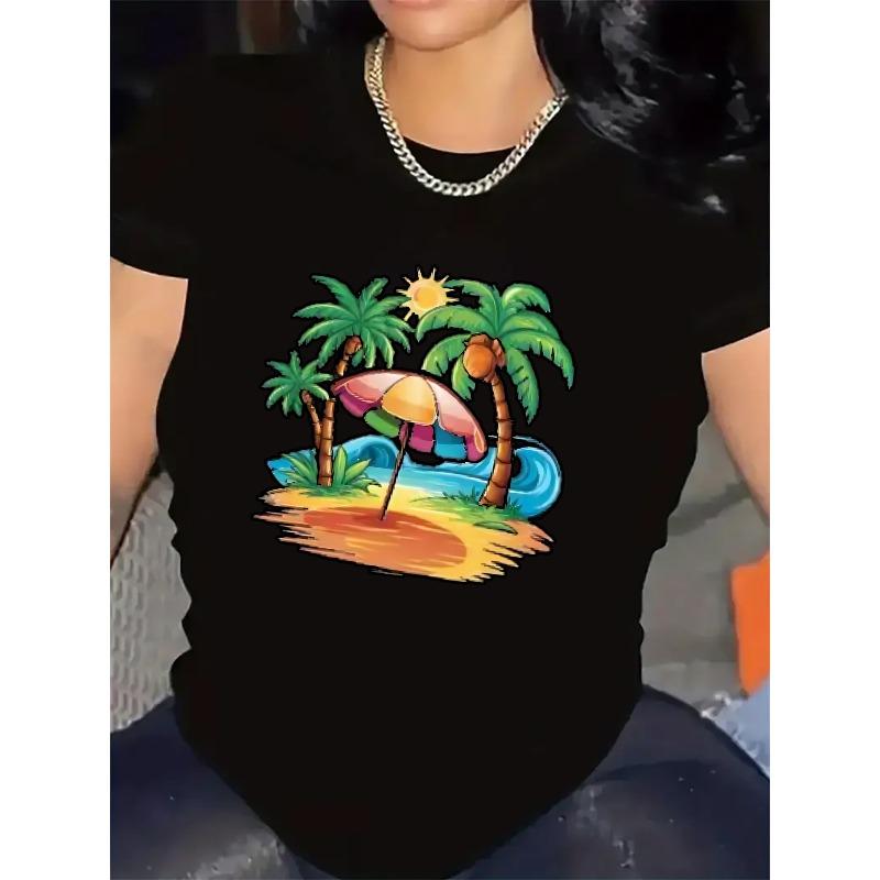 Short Sleeve T-Shirt for Women, Polyester Fabric, Lightweight and Durable, Tropical Beach Design with Palm Trees and Umbrella,