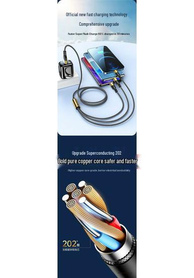 200W Three-in-One Super Fast Charging Cable for Apple 14/15/16/17 and Huawei Devices