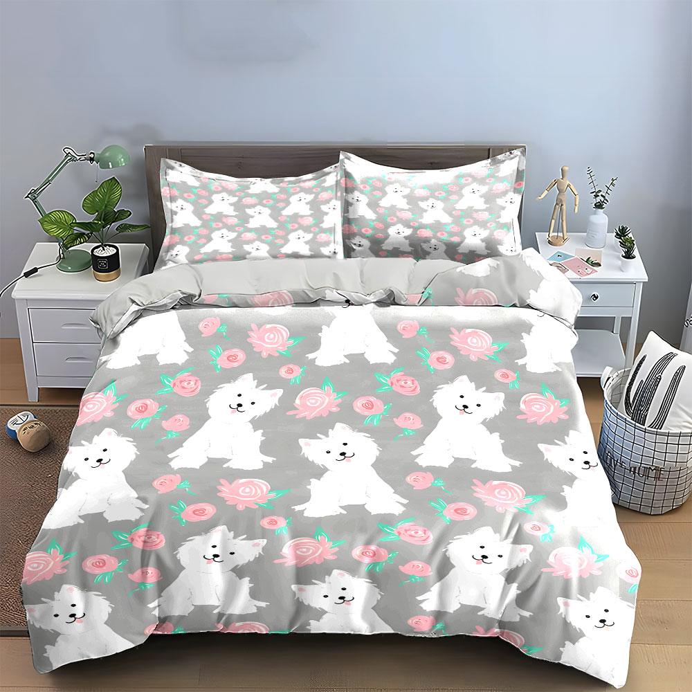 Cute Dog Floral Pattern Decor Soft Skin-Friendly Bedding Set Includes 1 Duvet Cover And 2 Pillowcase Gift