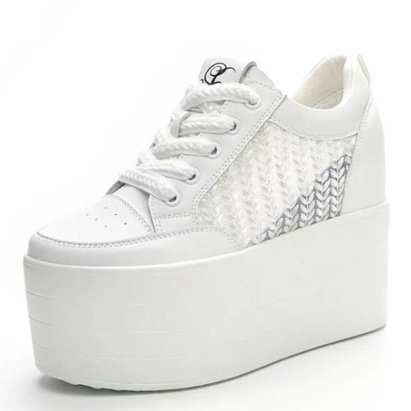 Fashion 12cm New Air Mesh Leather Genuine Platform Wedge Flats Summer Spring Boot Ankle Women High Brand White Fashion High Heels Shoes